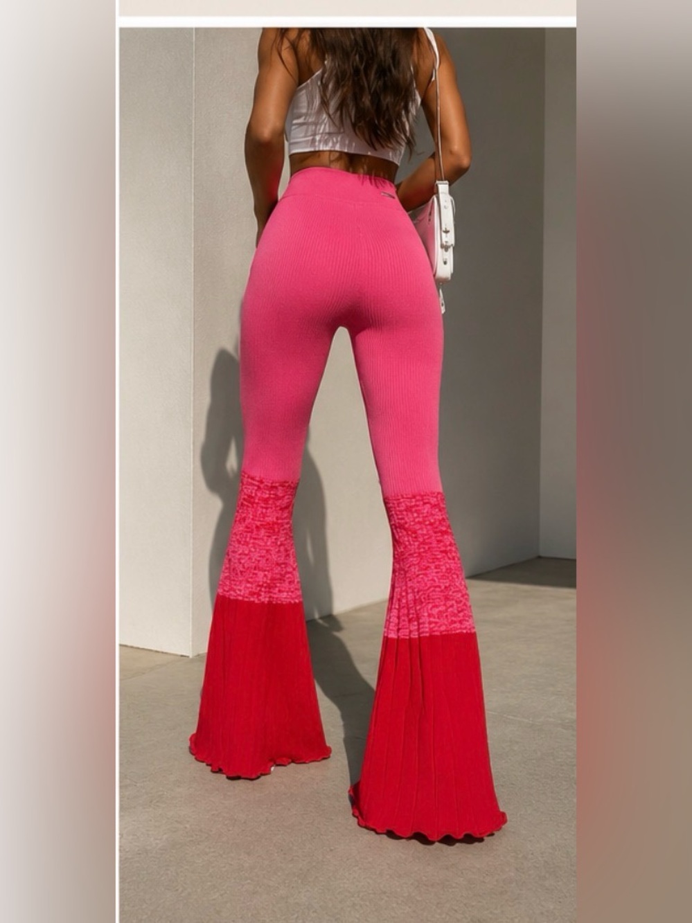 Manière De Voir Pink Ombre Ribbed Knit Bell Bottom Flare Pants Y2K Barbiecore M - Picture 2 of 6